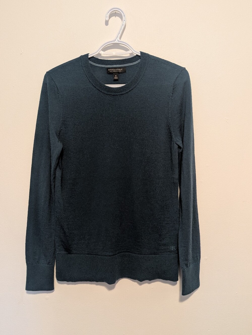 BANANA REPUBLIC 100% Merino Wool Crewneck Knit Sweater Dark Teal Minimalist Sz M